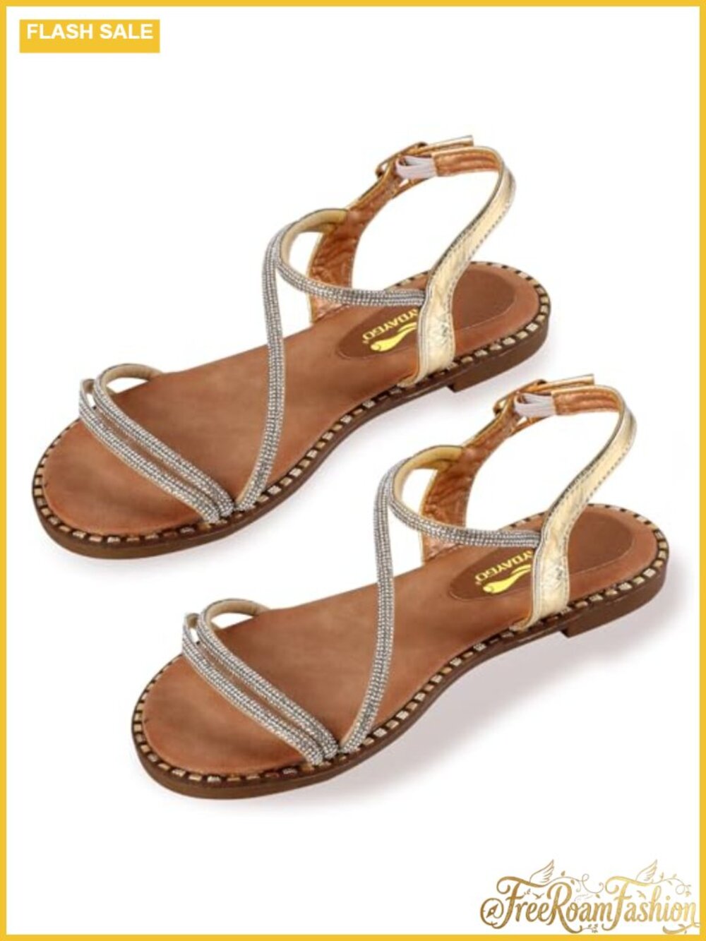 Rhinestone Flat Sandals Faux Leather Slip On Back Elastic Ankle Strap Open Toe